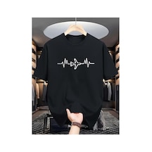 Caddemia Yaz Moda Rahat Gevşek Spor Yaratıcı Uçak Desen Baskılı Yuvarlak Boyun Kısa Siyah 2XL