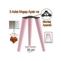 3 Adet Ahşap Ayak 35 Cm Açık Pembe M8 Civatalı Bağlantı Aparatlı Mobilya Tabure Sehpa Masa Destek Ayağı Pembe
