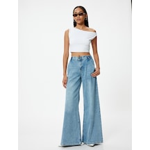 Koton Geniş Paça Kot Pantolon Standart Bel Düğmeli - Bianca Wide Leg Jeans Açık İndigo 4sal40498md Açık İndigo