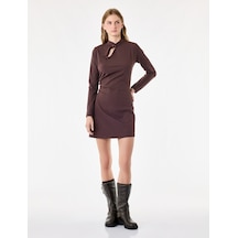 Koton Pencere Detaylı A Kesim Qipao Yaka Fiyonklu Uzun Kollu Krep Mini Elbise Kahverengi 7wal80033ık Kahve