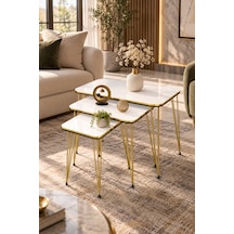Odera Çift Beyaz Orta Sehpa Ve Zigon Sehpa 4'lü Set Metal Tel Ayaklı Modern Retro Salon Sehpası Diğer