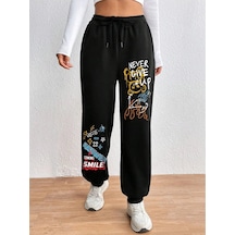 Cartoon & Graphic Drawstring Waist 4 Mevsim Eşofman Siyah