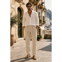 Danger Erkek Pamuk Viskon Kumaş Keten Görünümlü Bej Slim Fit Pantolon - 216dngr