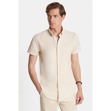 Tudors Erkek Slim Fit Dar Kesim Kısa Kollu Spor Yaka Oxford Doku Pamuklu Bej Gömlek-34363 Bej
