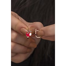 925 Ayar Gümüş Rose Kırmızı Mineli Elma Küpe Pembe Altın