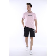 Erkek Spor Pudra Bisiklet Yaka Slim Fit Alt-Üst Şort Takım-3842 Pudra