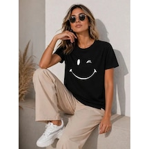 Efnaz Style Minimal Gülümseyen Yüz Baskılı Tişört Kısa Kol Yazlık T-shirt - Siyah