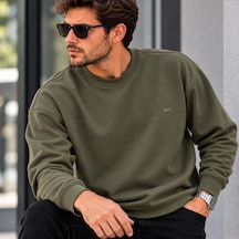 Erkek Modal Kumaş Bisiklet Yaka Sweatshirt Şık Tasarım, Tam Kalıp Haki