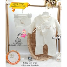 Gros Shop Müslin 2'li Kimono Bağcıklı Tulum %100 Pamuk Organik Kişiye Özgü İsimli Nakış Desenli Ekru