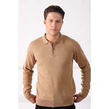 Ferraro Camel Polo Yaka Fermuarlı Erkek Pamuk Kazak Camel