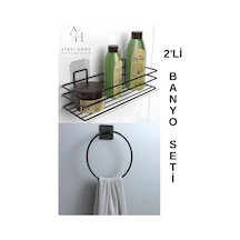 Atacı Yapışkanlı 2li Banyo Düzenleyici Banyo Aksesuarı Banyo Rafı Yapışkanlı Siyah Yuvarlak Havluluk Siyah