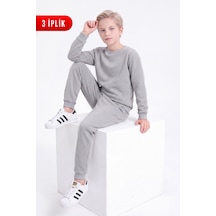 Fyk Kids 3 İplik Düz Erkek Çocuk Çift Cepli Bisiklet Yaka Eşofman Takımı Gri
