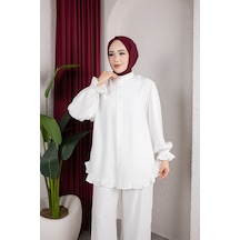 Hira Life Fashion Kadın Çilek Kumaş Dik Yaka Düğmeli Fırfır Detaylı Tesettür Tunik Pantolon İkili Takım Beyaz Beyaz
