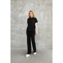 Osy Modal Yumuşak Dokulu Kumaş Bisiklet Yaka Kısa Kollu Takım - Siyah Siyah