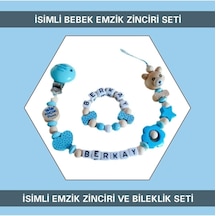 İsimli Bebek Emzik Zinciri Ve Bebek Bileklik Seti, Mavi Çok Renkli