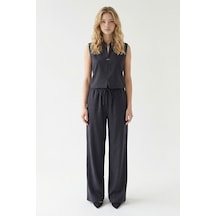 Siyah Hakim Yaka Bluz Ve Beli Lastikli Dokuma Pantolon Alt Üst Takım Bchn-2626821 Çok Renkli