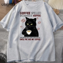 Flood Of Style Kahve Spelled Geriye Kedi T-shirt Komik Sevimli Grafik Tees Yaz Unisex Pamuk Oncek T Shirt Bo Gri