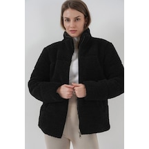 5178 Astarlı Peluş Mont - Siyah Çok Renkli