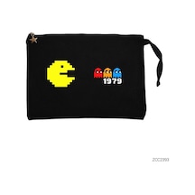 Zepplin Giyim Pac-Man Pixel Siyah Clutch Astarlı Cüzdan / El Çantası