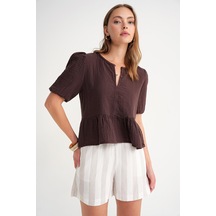 4713 Kadın Beli Büzgülü Kolu Lastikli Bol Müslin Bluz Kahve Kahve 4713 Kadın Beli Büzgülü Kolu Lastikli Bol Müslin Bluz Kahve Kahve