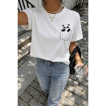 Panda Baskılı Unisex Basic Tişört Rahat Kesim Günlük Stil Beyaz