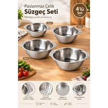 4 Lü Paslanmaz Çelik Süzgeç, Kevgir 22/24/28/30cm Gri