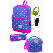Coral High Kids Lavanta Pembe Kalp Desenli Usb'li 3 Lü Okul Çanta Seti Set0123806