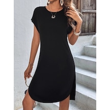 Kadın Kısa Kollu Bisiklet Yaka Viskon Iki Iplik Elbise