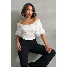 Verymoda Gipeli Papatya Desenli Bluz - F0988 Krem