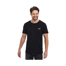 Siyah Erkek Kısa Kol Bisiklet Yaka Kaplan Nakışlı T-shirt Siyah