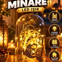 Minare Detaylı Hilal Led Ramazan Süsü Gold Metal Gövde, Günışığı Sarı, Pilli