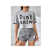 Tarzsokak Crop Ckod-232913 Mektup Baskı Slouchy Kısa Kollu Bol Kadın , Yaza Uygun Gri