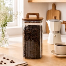 1500 Ml Kare Line Cam Kavanoz Ahşap Kapaklı, Kulplu, Şeffaf Kuru Gıda Saklama Kabı Çok Renkli