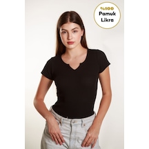 Kadın Basic Fitilli Likralı V Yaka Kollu Tshirt Atlet Bluz Siyah
