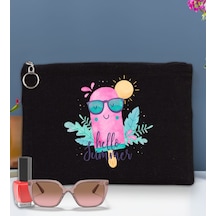 Bk Gift Yaz Temalı-5 Astarlı Siyah Portföy Çanta 30x21cm, Baskılı El Çantası, Organizer Çanta