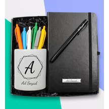 Kişiye Özel Tasarım Porselen Kalemlik & Siyah Defter & Roller Kalem & 6'lı Renkli Kalem Hediye Seti