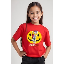 Panios Kids Emoji Baskılı Kız Çocuk Kısa Kollu T-shirt Kırmızı