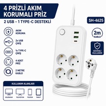 Sh-4629 4 Lü Topraklı Akım Korumalı Priz 2 Usb 1 Type-c Şarj Çıkışlı 2 Metre Kablolu Anahtarlı Çoklu Grup Priz Uzatma Kablosu 2 M