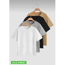 Basic Düz 4'lü Çoklu T-shirt - Siyah, Beyaz, Gri, Bej Oversize Bisiklet Yaka Siyah Gri Kahverengi Beyaz