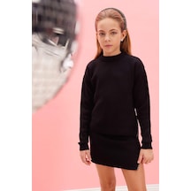 DeFacto Kız Çocuk Siyah Bisiklet Yaka Yırtmaçlı Triko Kazak D1394A824WNBK27 Siyah