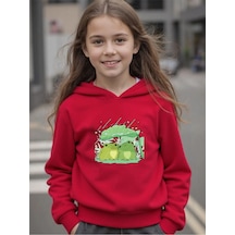 Uyguntarz Sevimli Kurbagalar Baskılı Oversize Çocuk Sweatshirt Kırmızı
