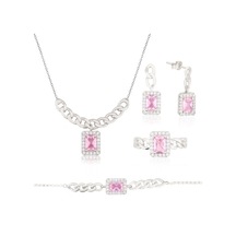 925 Ayar Gümüş Pembe Taşlı Baget Takı Seti Zincir Detay