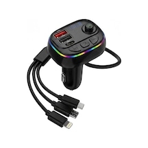 Yk-ft620 Led Işıklı, Bütün Telefonlarla Uyumlu 3 Lü Kablolu, Araç Fm Transmitter 5.0 Bluetooth Araç Kiti, 3.1amper Hızlı Şarj Çakmaklık Girişli