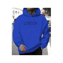Herkesemoda London Baskılı Kapşonlu Mavi Sweatshirt Mavi