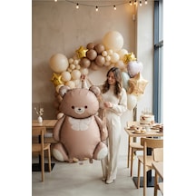 Retro Krem Fiyonklu Kahverengi Ayıcık Folyo Balon Baby Shower Parti Süsü Krem - Kahverengi