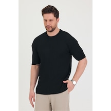 Cool Tarz Erkek Bisiklet Yaka Fitilli Kısa Kollu Ince Triko T-shirt Siyah Siyah