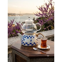 Emaye Cam Çaydanlık Beyaz Mavi Kare