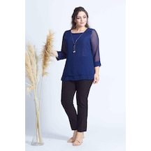 Moda Berray 1934 Kolyeli Şifon Büyük Beden Şık Bluz Lacivert Lacivert
