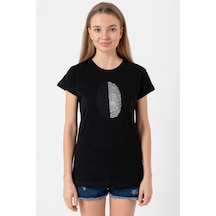 Siyah Beyaz Parmak İzi Siyah Kadın Tshirt SIYAH