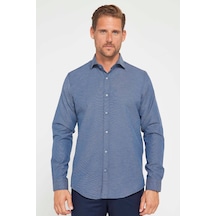 Tudors Slim Fit Uzun Kollu Pamuklu Kolay Ütü Armürlü Erkek Lacivert Gömlek-22225 Lacivert